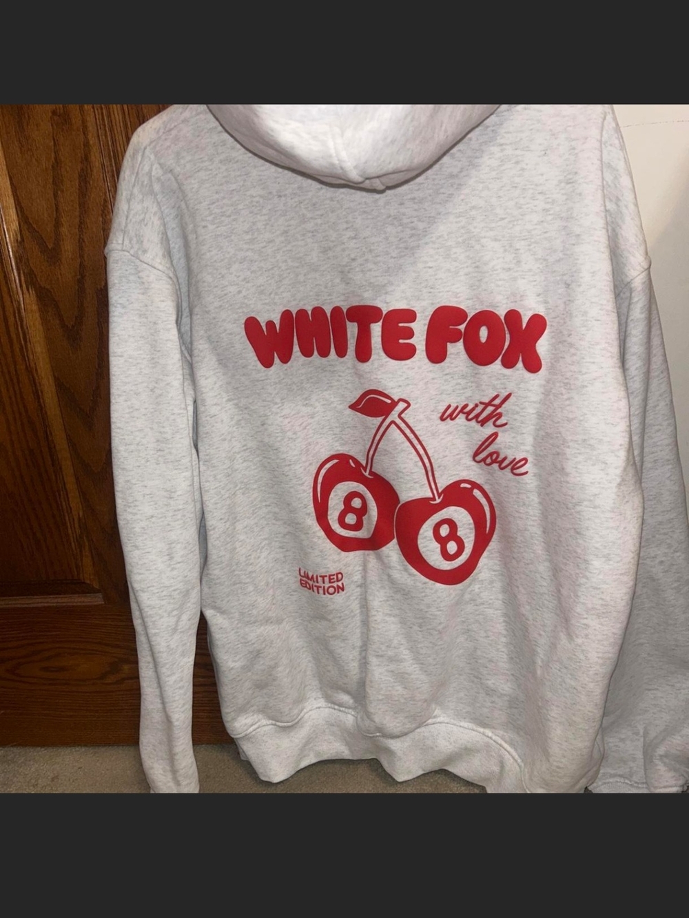 White Fox Boutique Cream Crewneck Sweatshirt with Red Cherry Graphic